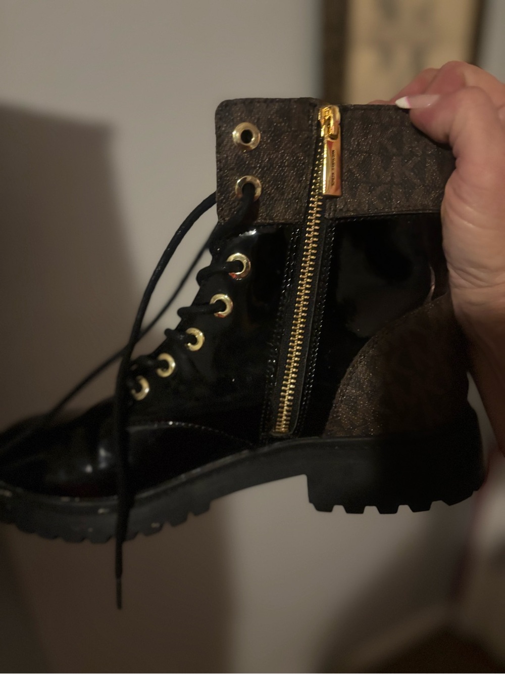 Michael Kors Black Patent Lace-Up Combat Boot with Gold Hardware